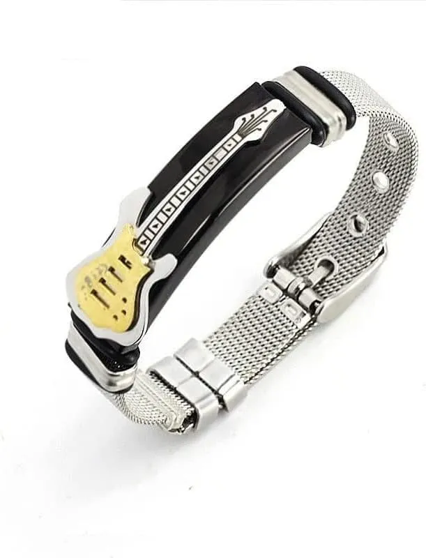 Guitar Bracelet Mesh Band Strap,Stainless Steel Bangle Punk Jewelry for Men