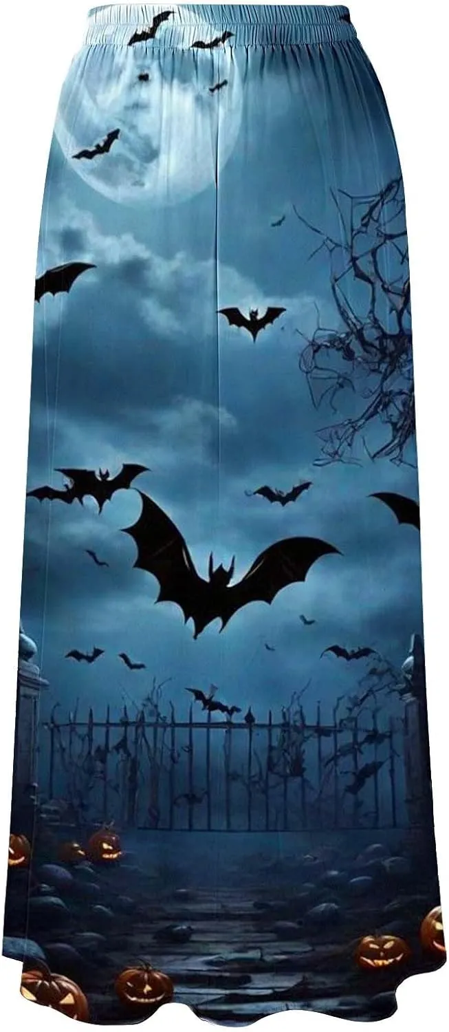 Halloween Tutu Skirt High Waist Party Beach Pocket Long Maxi Skirt Halloween bat Pattern Womens Summer Skirts Tulle