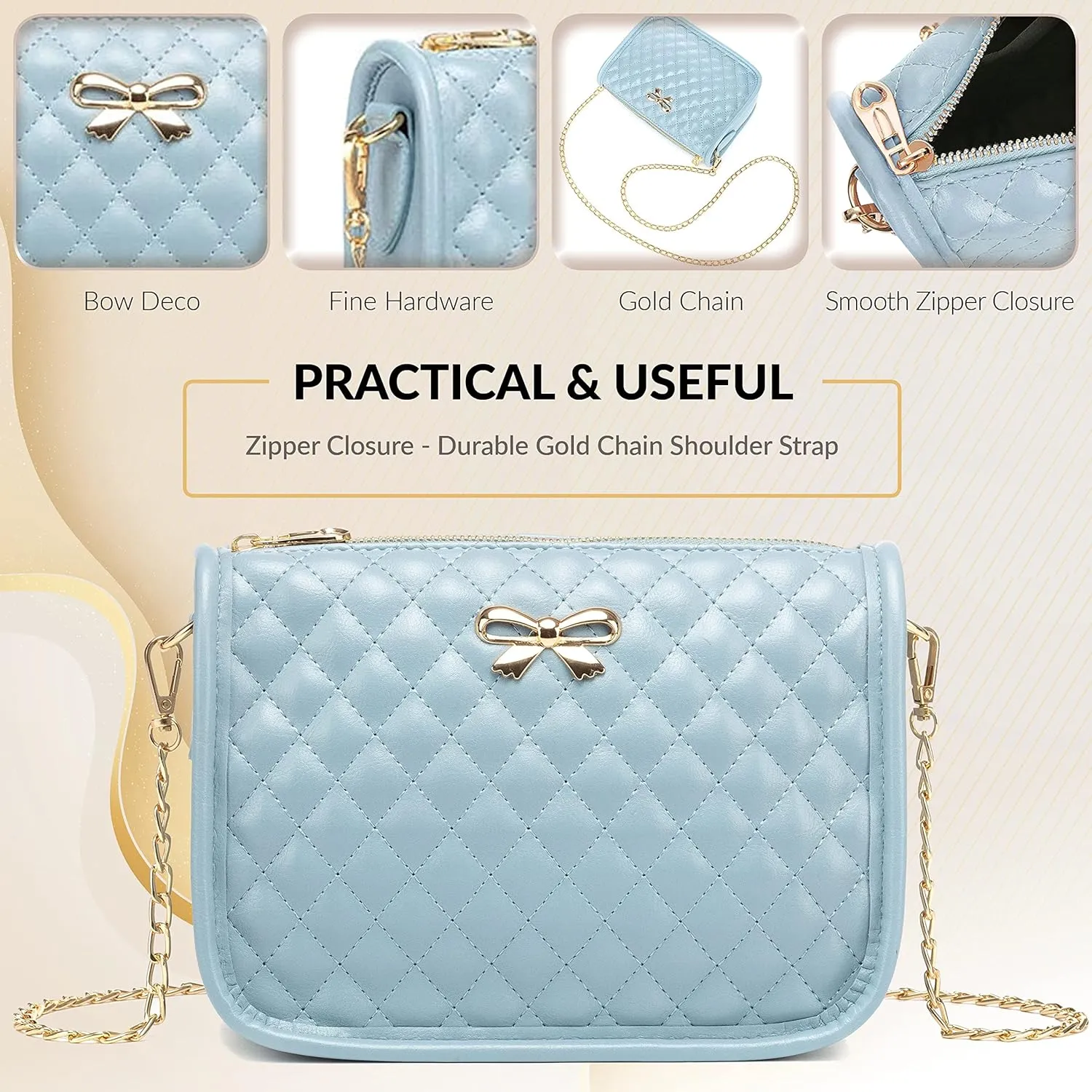 Hanbella Crossbody Purse for Women - Cute Quilted Leather Shoulder Bag with Gold Chain Strap for Teen Girls - Womens Clutch