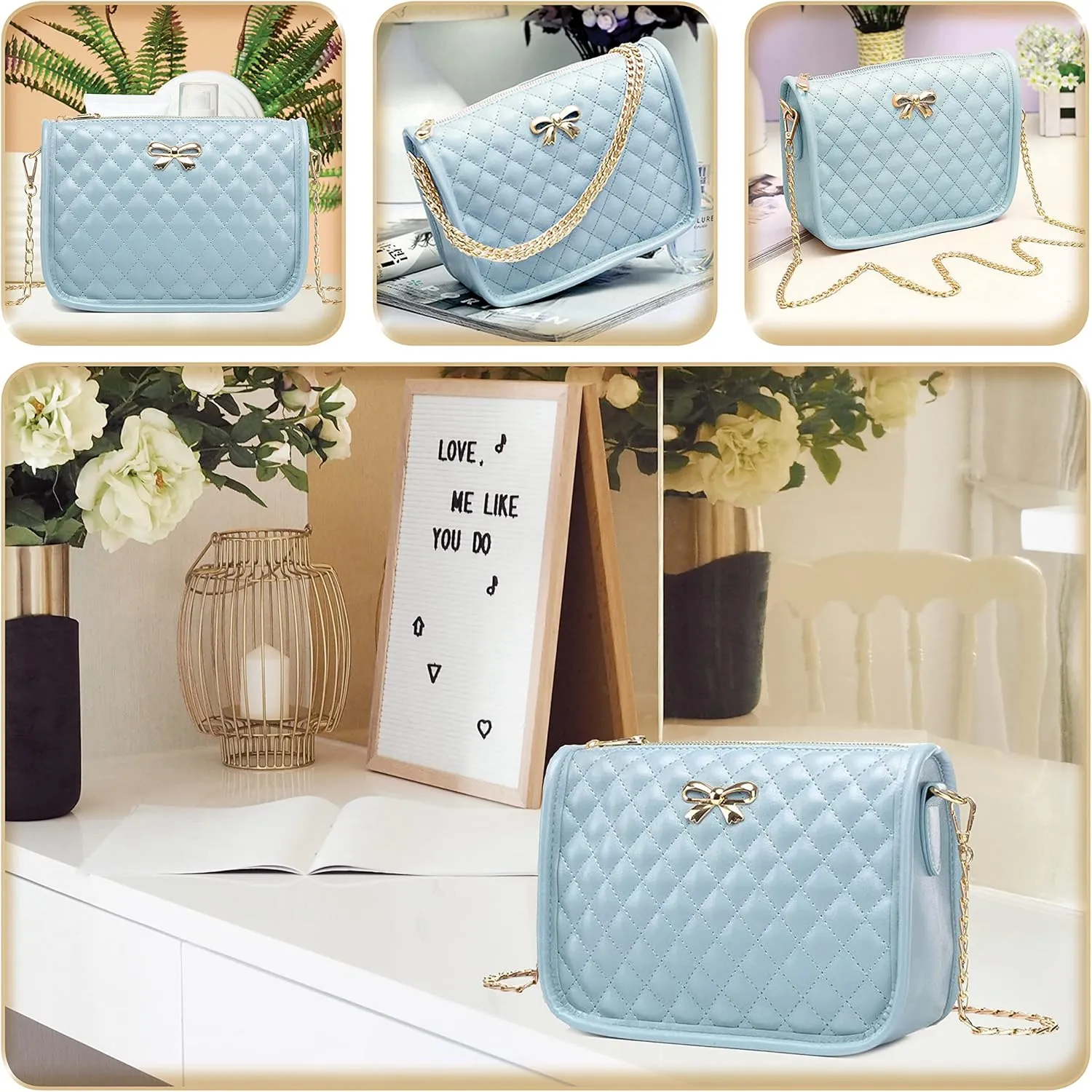 Hanbella Crossbody Purse for Women - Cute Quilted Leather Shoulder Bag with Gold Chain Strap for Teen Girls - Womens Clutch