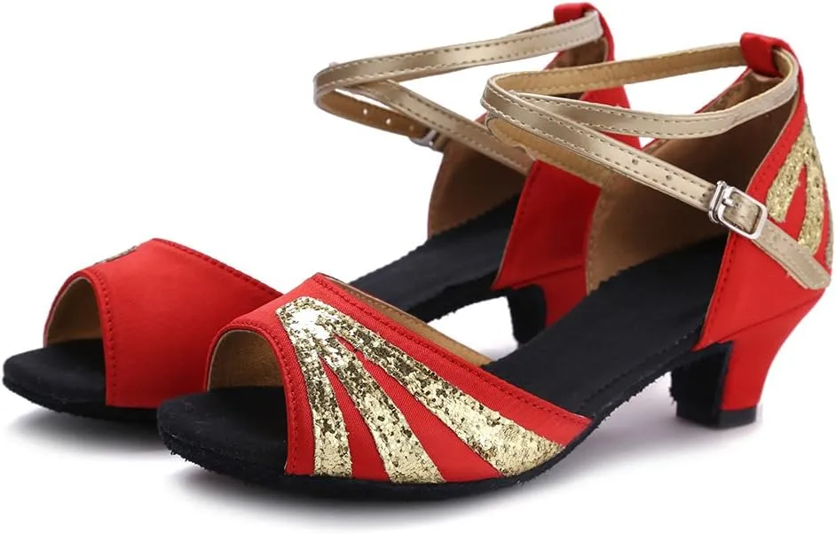 HIPPOSEUS Girls' and Women's Latin Dance Shoes Satin Low Heel Ballroom Salsa Dancing Shoes,Model WZJ