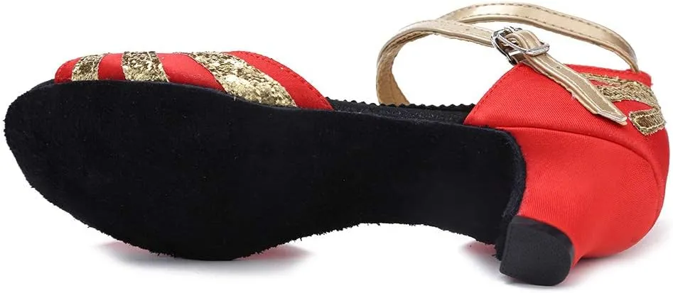 HIPPOSEUS Girls' and Women's Latin Dance Shoes Satin Low Heel Ballroom Salsa Dancing Shoes,Model WZJ