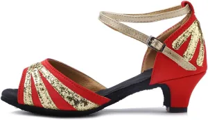 HIPPOSEUS Girls' and Women's Latin Dance Shoes Satin Low Heel Ballroom Salsa Dancing Shoes,Model WZJ