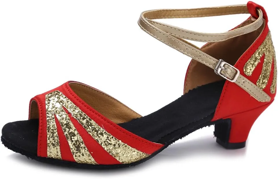 HIPPOSEUS Girls' and Women's Latin Dance Shoes Satin Low Heel Ballroom Salsa Dancing Shoes,Model WZJ
