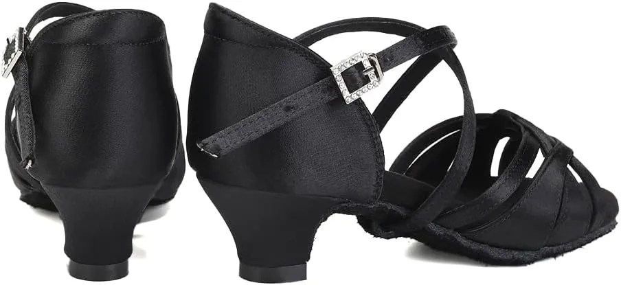 HIPPOSEUS Girls Silk Satin Latin Dance Shoes Open Toe Ballroom Salsa Dance Practice Performance Dancing Shoes Kitten Heel,Model EM