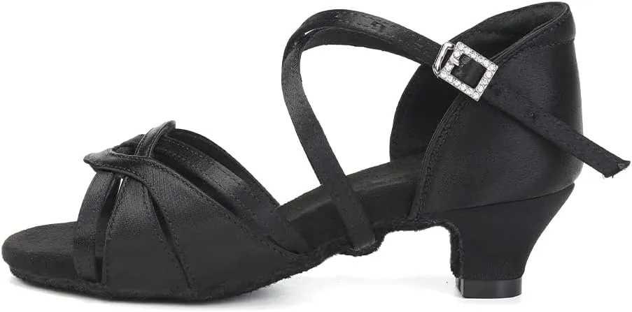 HIPPOSEUS Girls Silk Satin Latin Dance Shoes Open Toe Ballroom Salsa Dance Practice Performance Dancing Shoes Kitten Heel,Model EM