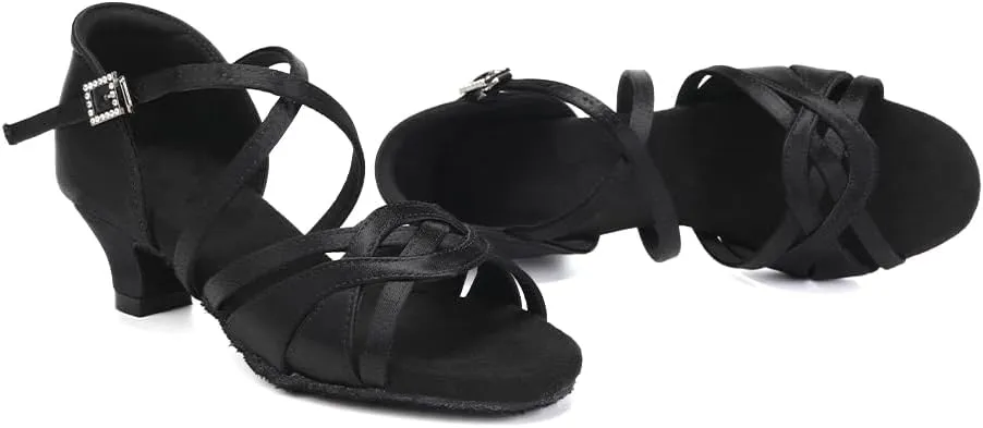 HIPPOSEUS Girls Silk Satin Latin Dance Shoes Open Toe Ballroom Salsa Dance Practice Performance Dancing Shoes Kitten Heel,Model EM