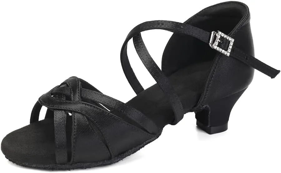 HIPPOSEUS Girls Silk Satin Latin Dance Shoes Open Toe Ballroom Salsa Dance Practice Performance Dancing Shoes Kitten Heel,Model EM