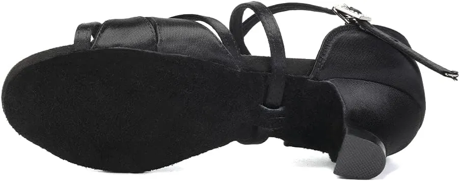 HIPPOSEUS Girls Silk Satin Latin Dance Shoes Open Toe Ballroom Salsa Dance Practice Performance Dancing Shoes Kitten Heel,Model EM
