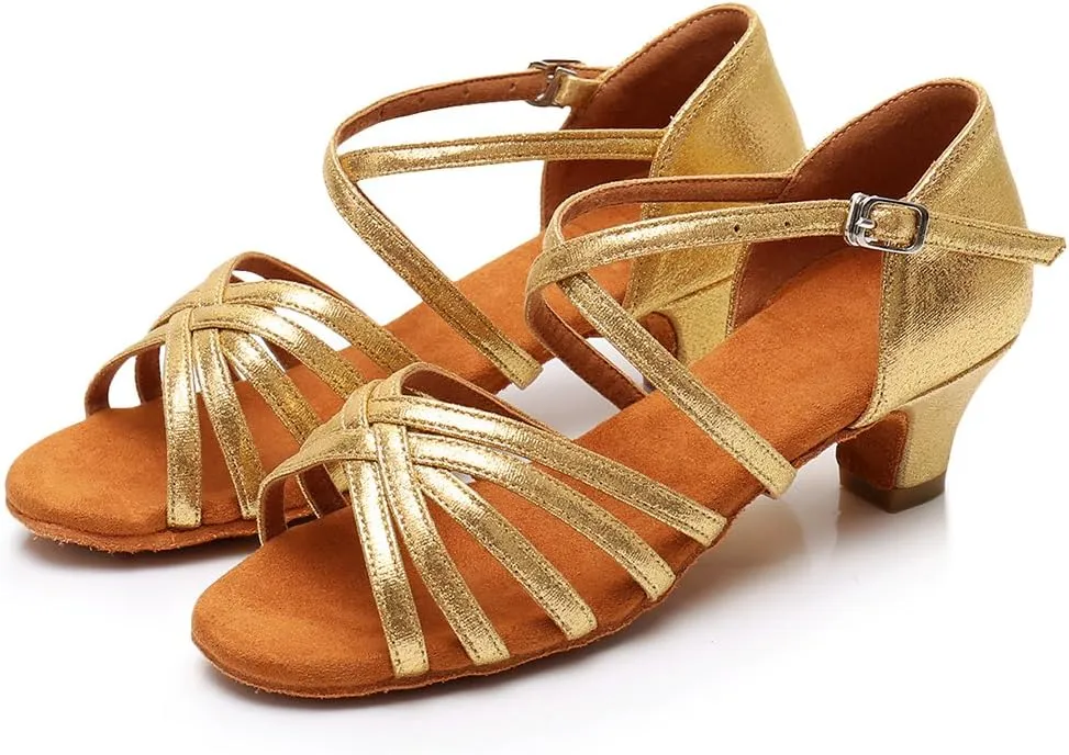 HIPPOSEUS Girls' Standard Latin Dance Shoes Open Toe Ballroom Dance Shoes Low Heel,Model WHXGG