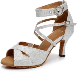 HIPPOSEUS Women Glitter Ballroom Dance Shoes Ankle Strap Latin Salsa Performance Dance Shoes,Model QJW