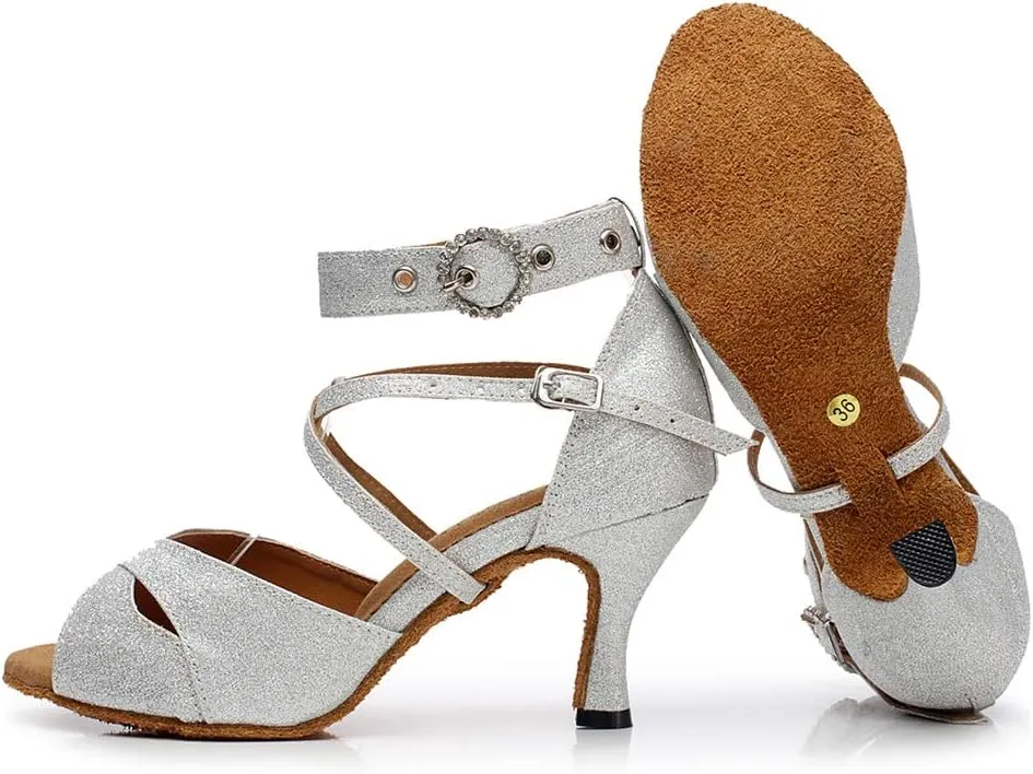 HIPPOSEUS Women Glitter Ballroom Dance Shoes Ankle Strap Latin Salsa Performance Dance Shoes,Model QJW