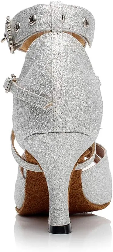 HIPPOSEUS Women Glitter Ballroom Dance Shoes Ankle Strap Latin Salsa Performance Dance Shoes,Model QJW