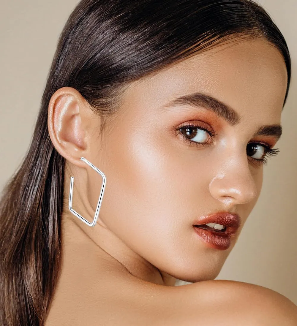 Hoops & Loops 925 Sterling Silver Geo Shape Open Square 46mm Geometric Hoop Earrings for Women, Silver, Yellow & Rose Gold