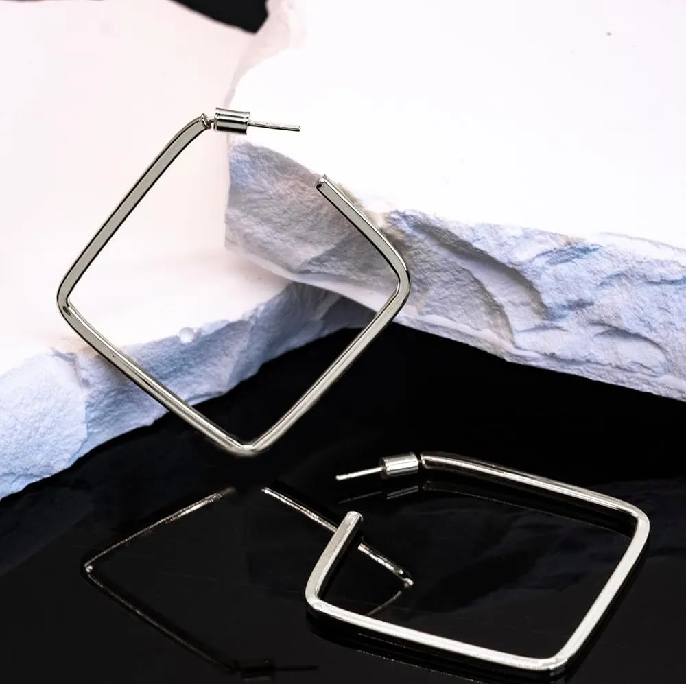Hoops & Loops 925 Sterling Silver Geo Shape Open Square 46mm Geometric Hoop Earrings for Women, Silver, Yellow & Rose Gold