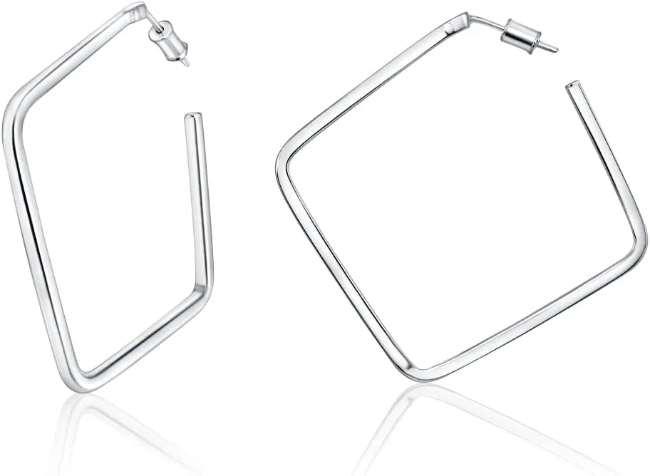 Hoops & Loops 925 Sterling Silver Geo Shape Open Square 46mm Geometric Hoop Earrings for Women, Silver, Yellow & Rose Gold