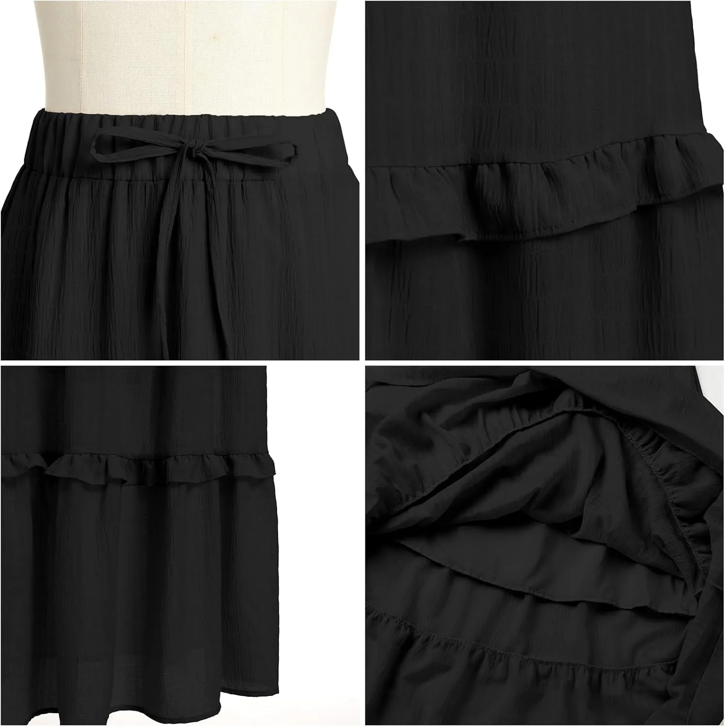 IWEMEK Women Summer Boho Flowy Swing Tiered A-Line Midi Skirt Ruffle Elastic High Waist Casual Holiday Beach Party Long Skirt