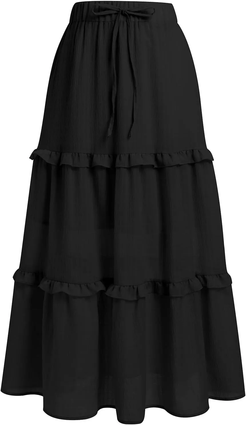 IWEMEK Women Summer Boho Flowy Swing Tiered A-Line Midi Skirt Ruffle Elastic High Waist Casual Holiday Beach Party Long Skirt