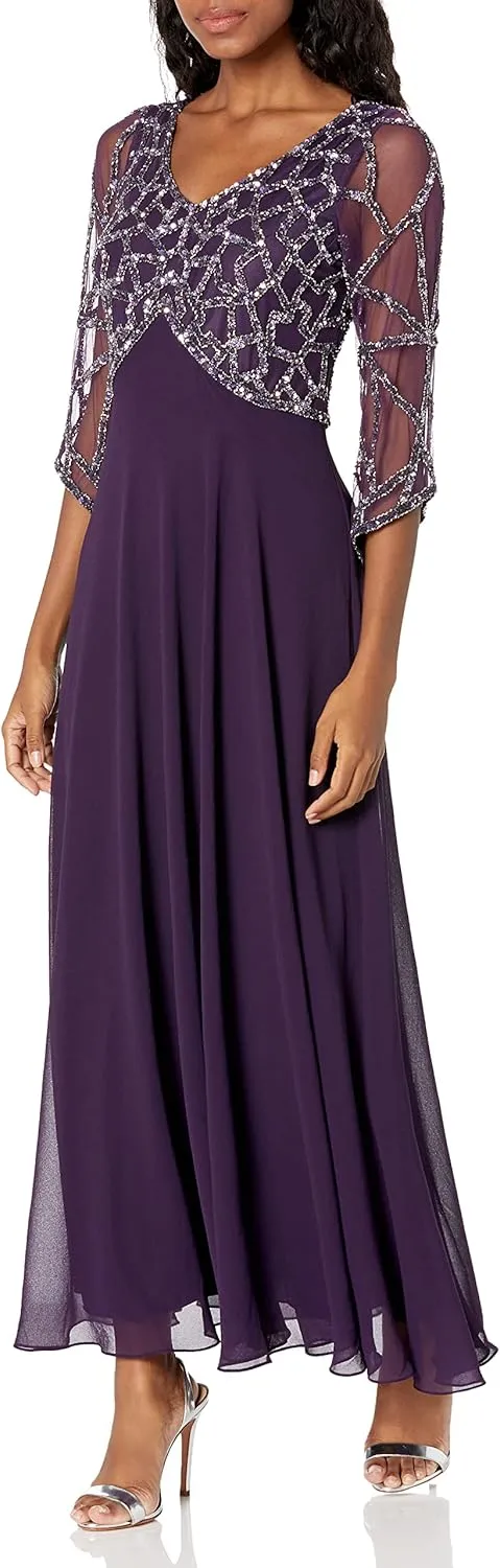 J Kara Women's 3/4 Sleeve Geo Beaded Gown