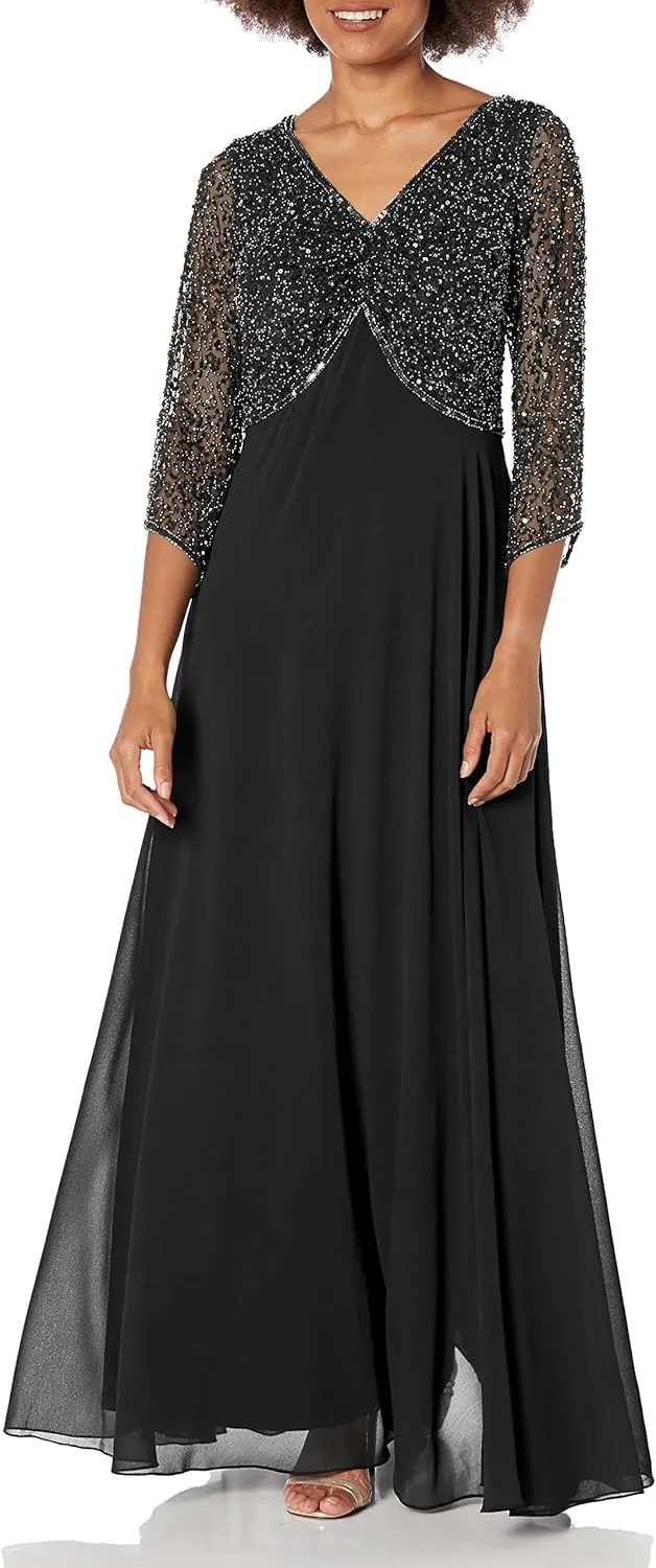 J Kara Women's Petite 3/4 Sleeve V-Neck Beaded Top Long Gown
