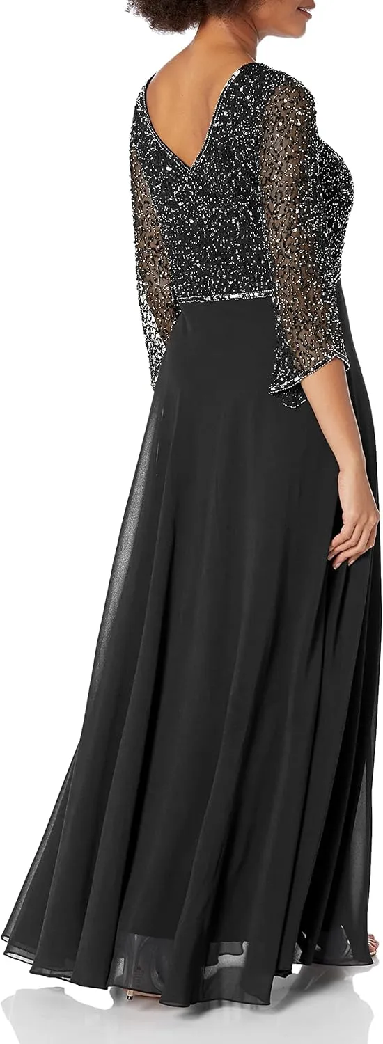 J Kara Women's Petite 3/4 Sleeve V-Neck Beaded Top Long Gown