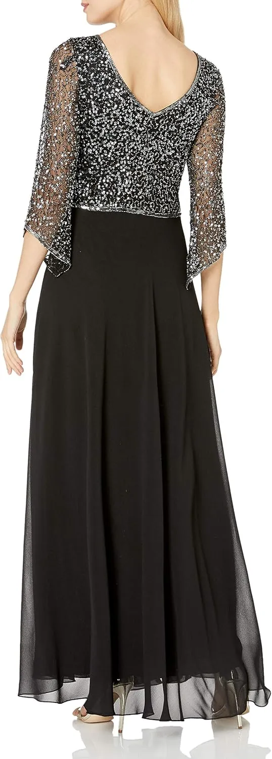 J Kara Women's Petite 3/4 Sleeve V-Neck Beaded Top Long Gown