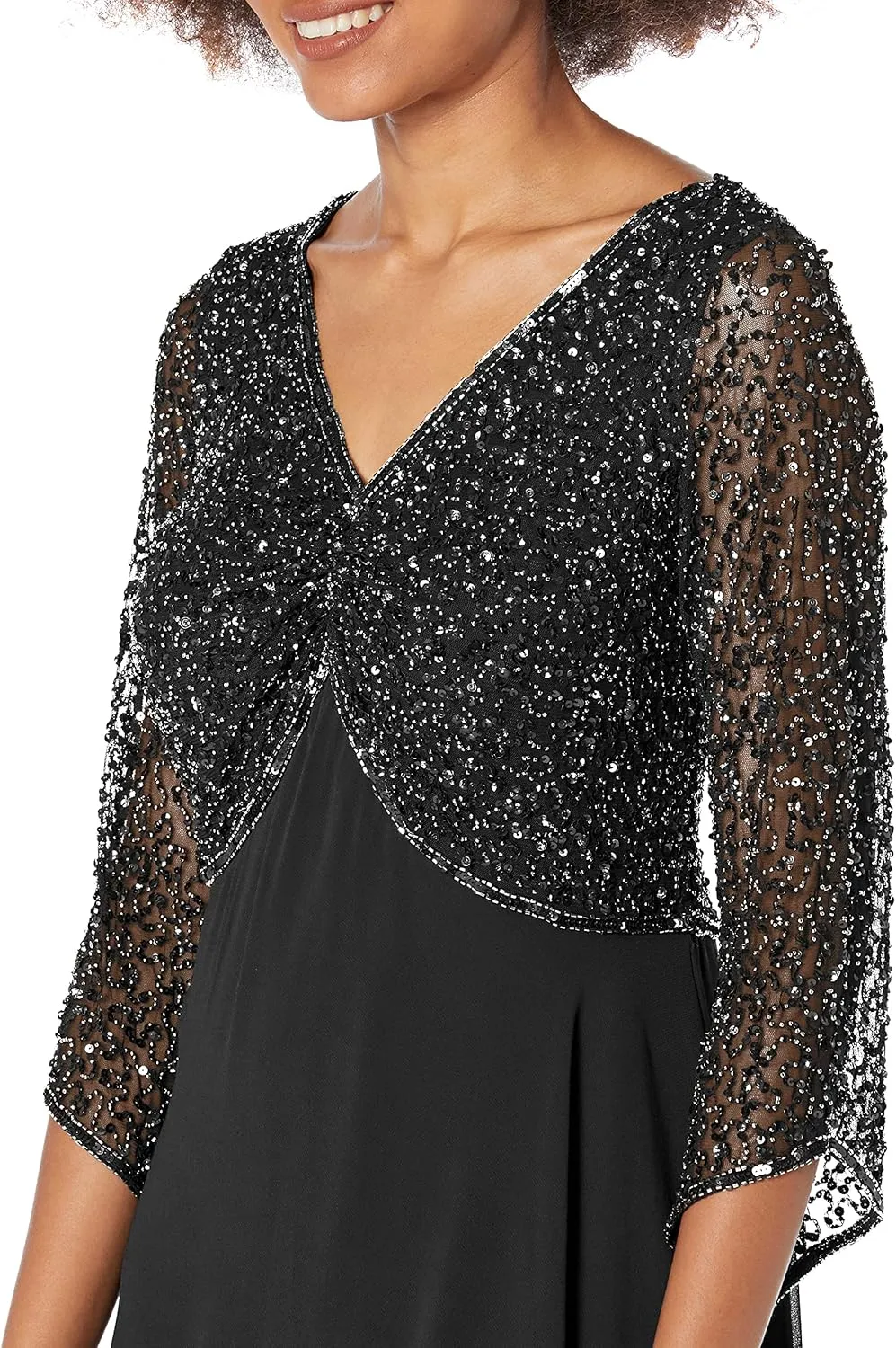 J Kara Women's Petite 3/4 Sleeve V-Neck Beaded Top Long Gown