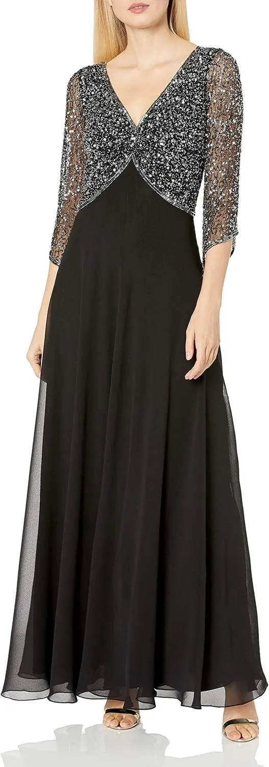 J Kara Women's Petite 3/4 Sleeve V-Neck Beaded Top Long Gown