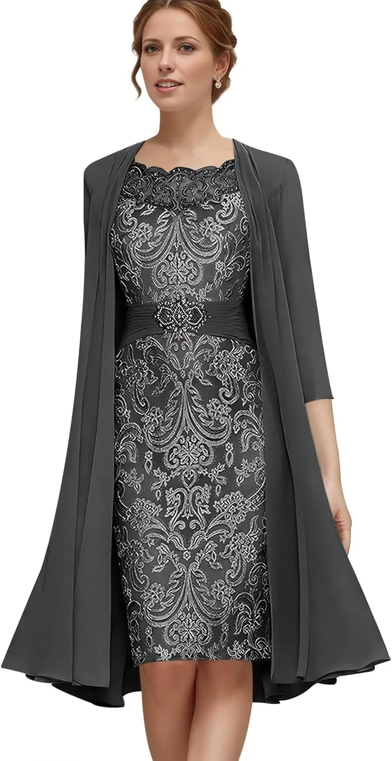 Jamille 2 Pieces Mother of The Bride Dress with Jacket Beaded Lace Appliques Evening Dress Chiffon 3/4 Sleeves JA0107