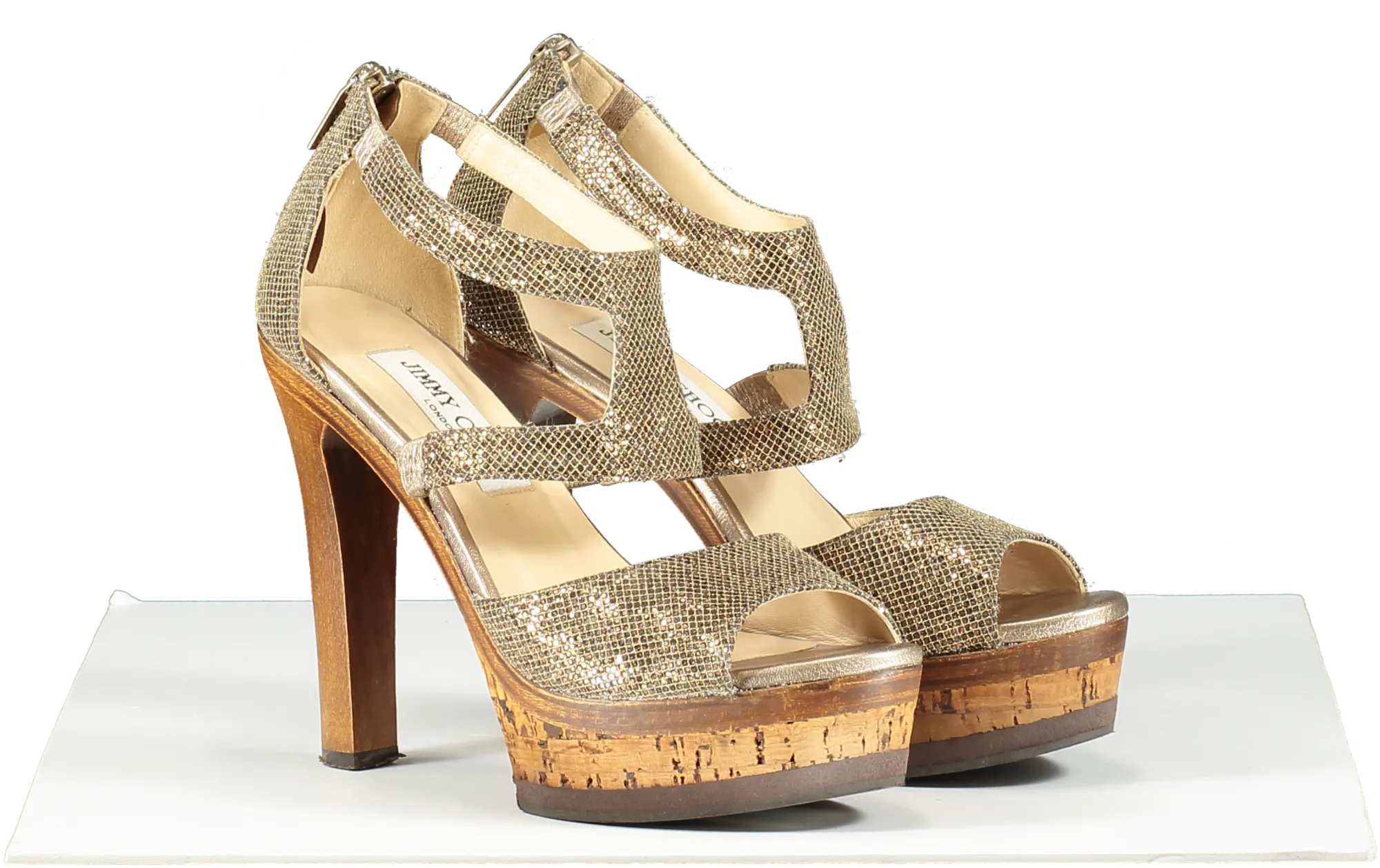 Jimmy Choo Metallic Wood Heeled Platform Sandals UK 3 EU 36 