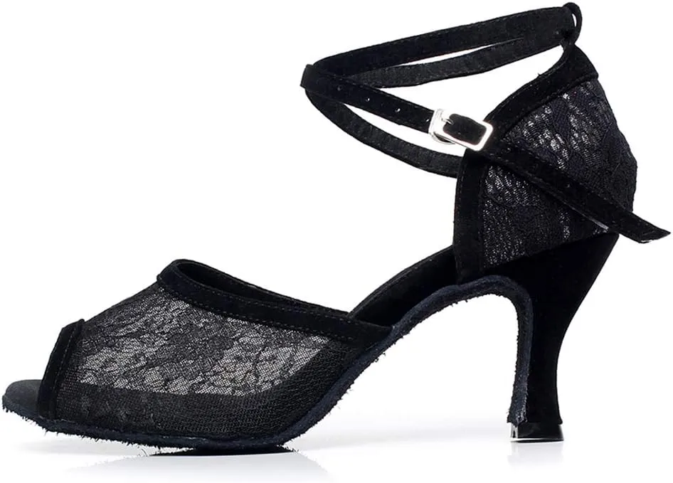 JUODVMP Dance Shoes for Women Lace Mesh Latin Ballroom Dance Shoes, Model QJW1060