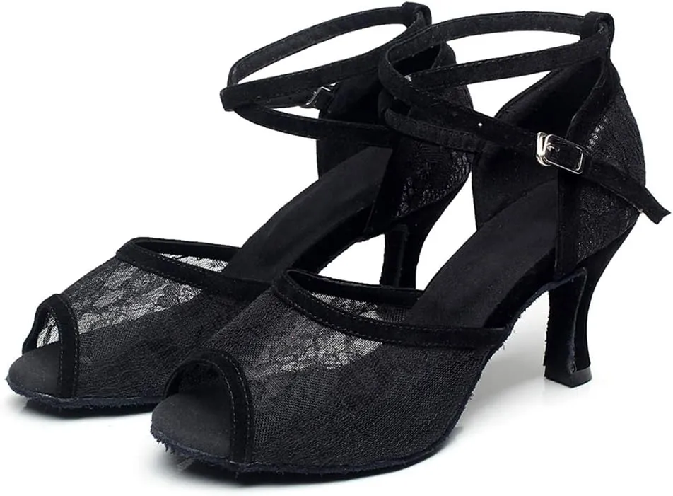 JUODVMP Dance Shoes for Women Lace Mesh Latin Ballroom Dance Shoes, Model QJW1060