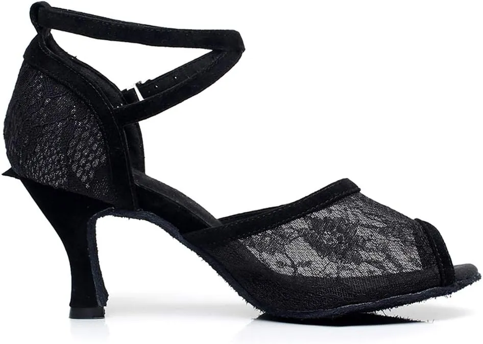 JUODVMP Dance Shoes for Women Lace Mesh Latin Ballroom Dance Shoes, Model QJW1060