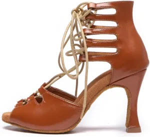 JUODVMP Women Latin Dance Shoes Cross Straps Stiletto Heel peep Toe Ballroom Cha-Cha High Heel Dance Shoes Model YCL552