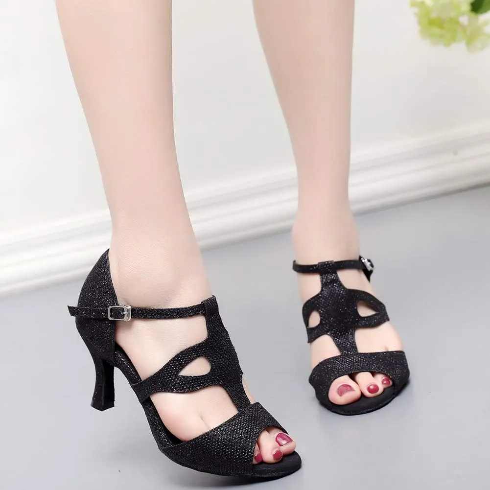 JUODVMP Women's Latin Dance Shoes Adjustable, Ballroom Performance Wedding Party Dance Shoes,Model QJW1049