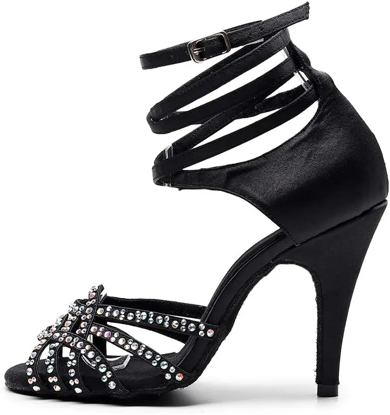 JUODVMP Women's Latin Dance Shoes Professional Rhinestone Ballroom Wedding Dance Shoes Salsa Performance Dancing Shoes with Cross Strap,Model VS-QJW1035