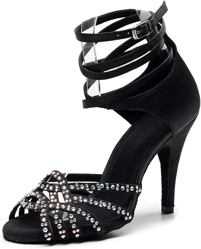 JUODVMP Women's Latin Dance Shoes Professional Rhinestone Ballroom Wedding Dance Shoes Salsa Performance Dancing Shoes with Cross Strap,Model VS-QJW1035