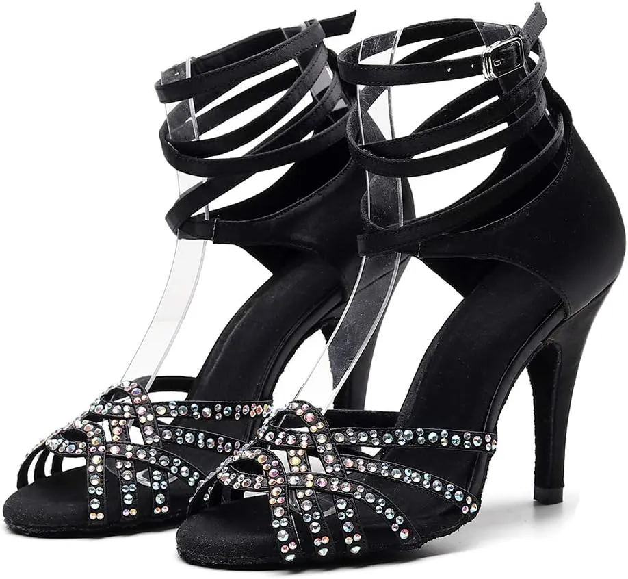 JUODVMP Women's Latin Dance Shoes Professional Rhinestone Ballroom Wedding Dance Shoes Salsa Performance Dancing Shoes with Cross Strap,Model VS-QJW1035