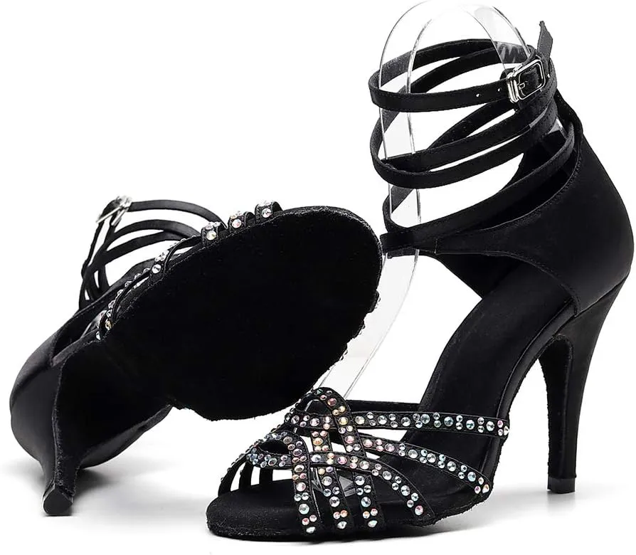 JUODVMP Women's Latin Dance Shoes Professional Rhinestone Ballroom Wedding Dance Shoes Salsa Performance Dancing Shoes with Cross Strap,Model VS-QJW1035