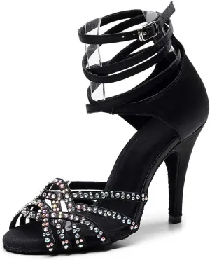JUODVMP Women's Latin Dance Shoes Professional Rhinestone Ballroom Wedding Dance Shoes Salsa Performance Dancing Shoes with Cross Strap,Model VS-QJW1035