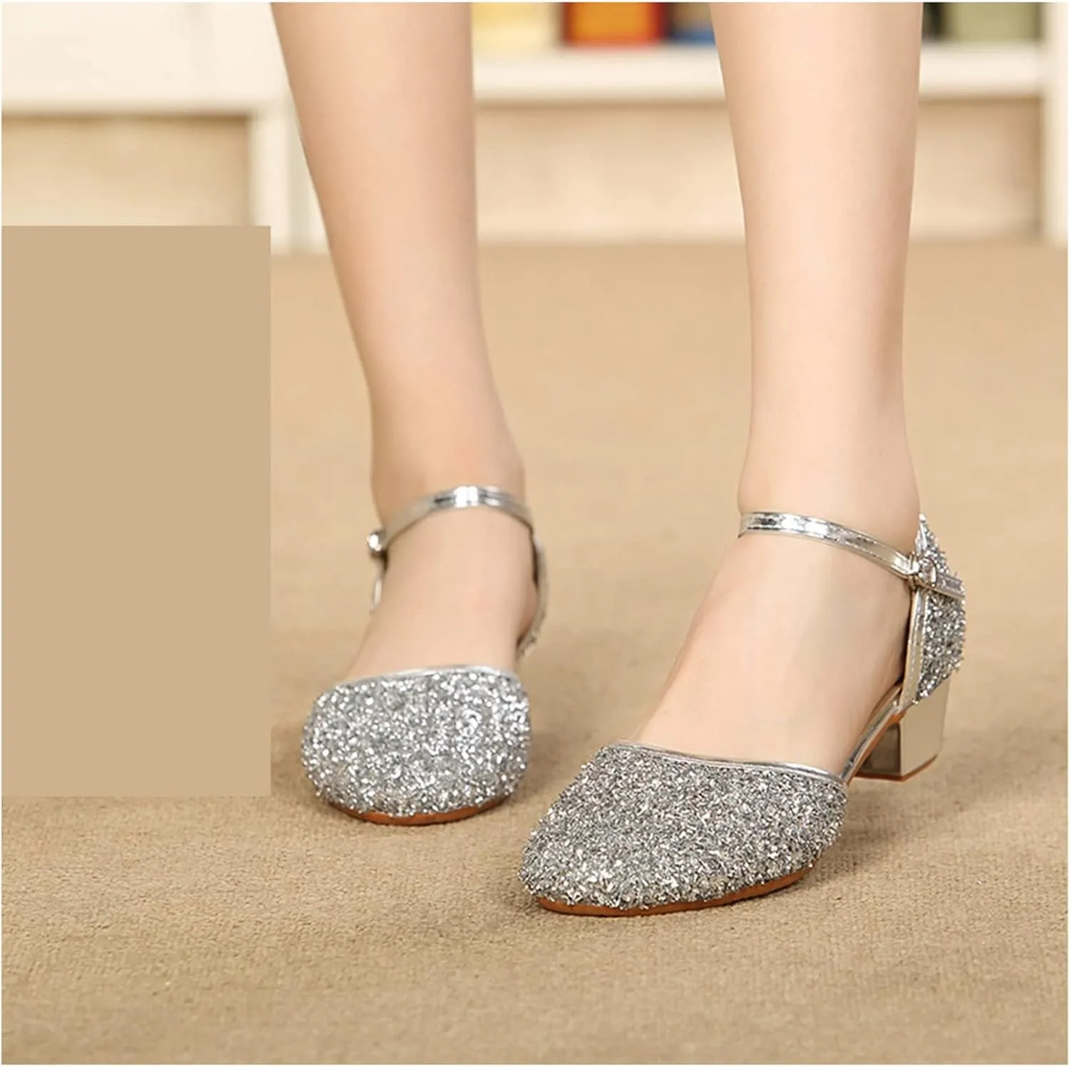 Kids Latin Dance Shoes Performance Ballroom Standard Low-Heeled Synthetic Leather Soft Sole Closed Toe Non-Slip Dancing Shoes