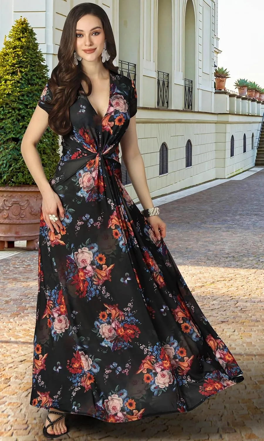 KOH KOH Womens 2025 Long Flowy Cap Sleeve Empire Waist Cocktail Maxi Dress Gown