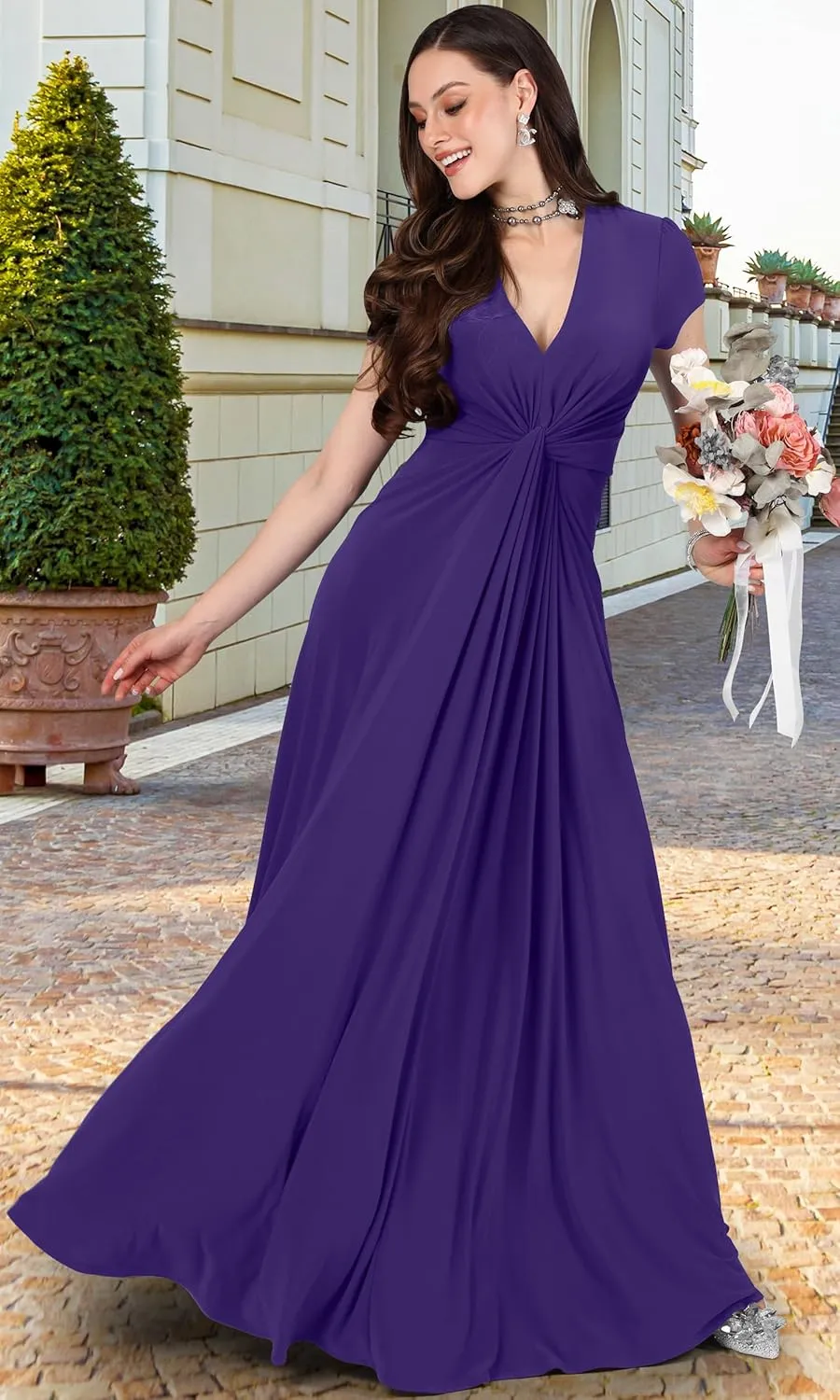 KOH KOH Womens 2025 Long Flowy Cap Sleeve Empire Waist Cocktail Maxi Dress Gown