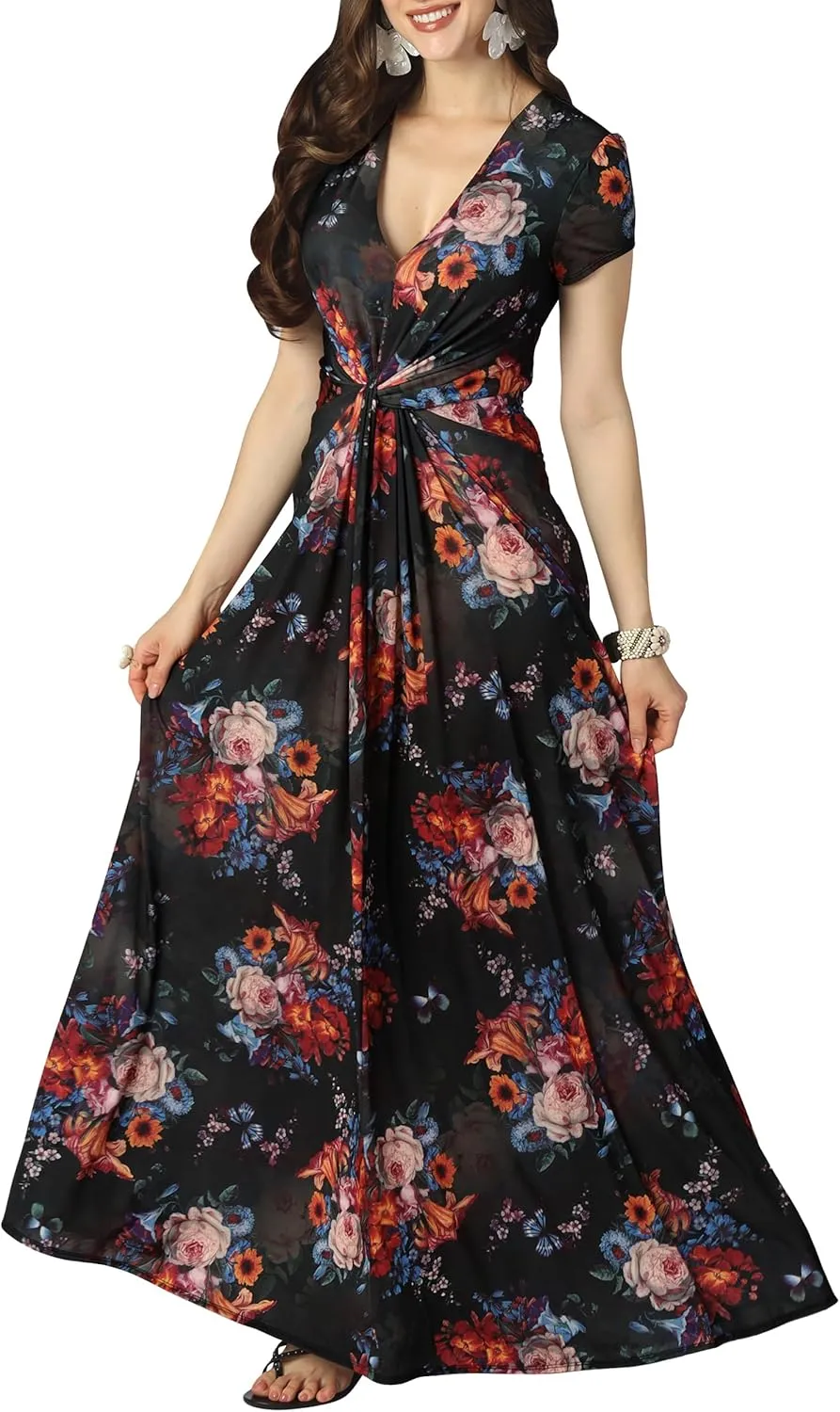 KOH KOH Womens 2025 Long Flowy Cap Sleeve Empire Waist Cocktail Maxi Dress Gown