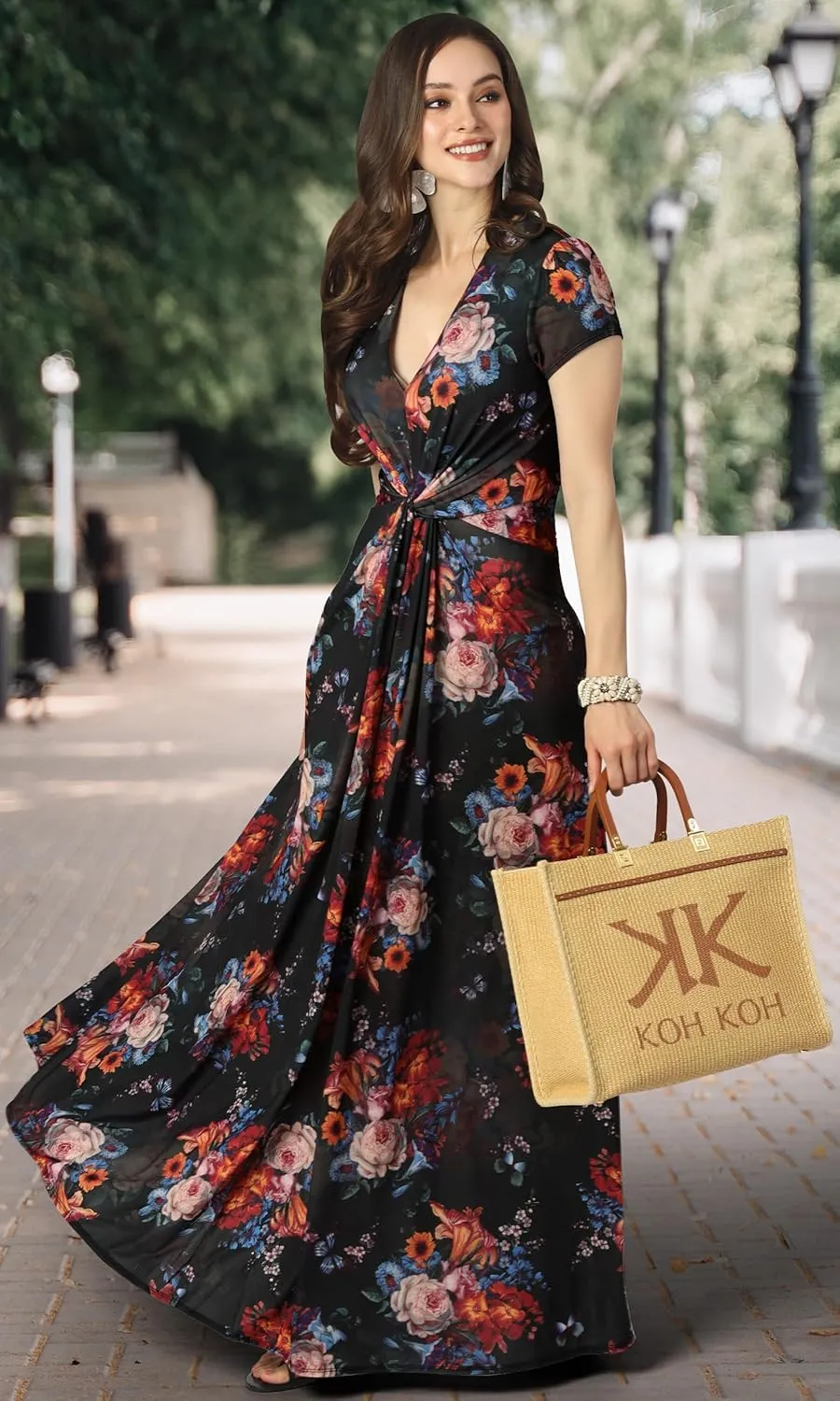 KOH KOH Womens 2025 Long Flowy Cap Sleeve Empire Waist Cocktail Maxi Dress Gown