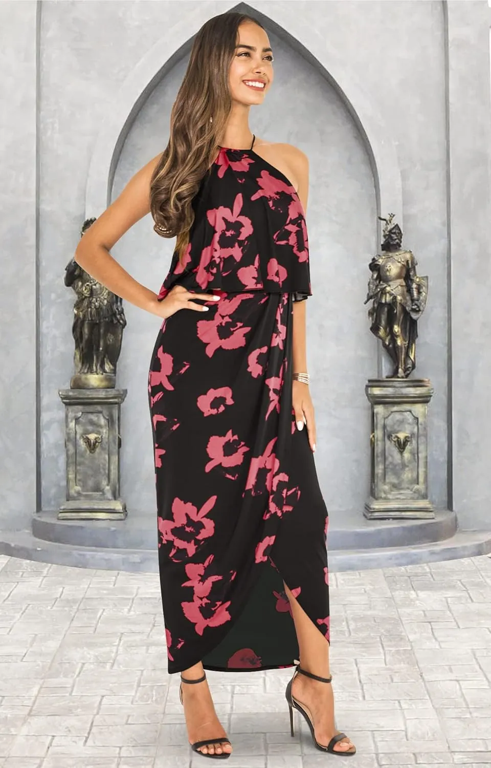 KOH KOH Womens Long Sexy Halter Damask Print Dressy Cocktail Maxi Dress