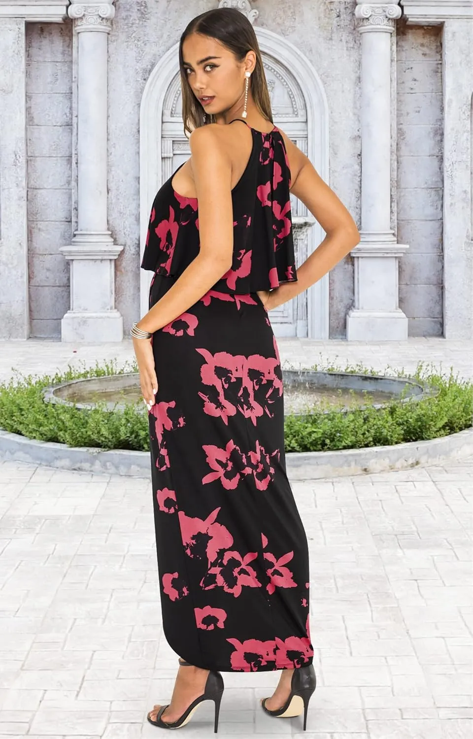KOH KOH Womens Long Sexy Halter Damask Print Dressy Cocktail Maxi Dress