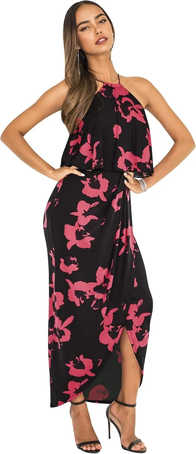 KOH KOH Womens Long Sexy Halter Damask Print Dressy Cocktail Maxi Dress