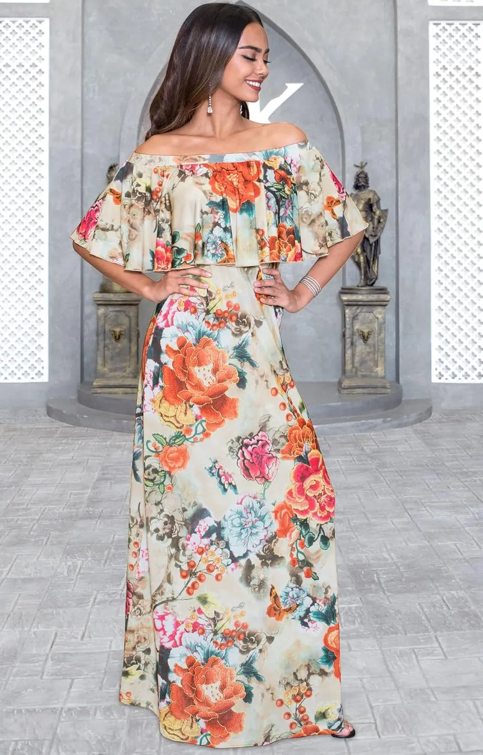 KOH KOH Womens Long Strapless Floral Print Summer Cocktail Maxi Dress Gown