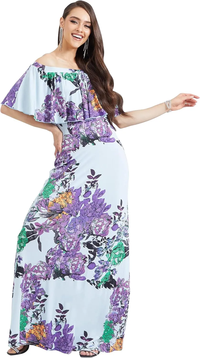 KOH KOH Womens Long Strapless Floral Print Summer Cocktail Maxi Dress Gown